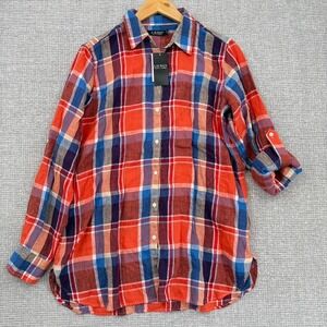 LRL Ralph Lauren Linen Madras Plaid Button Down Roll Tab Sleeve Shirt Sz L Black